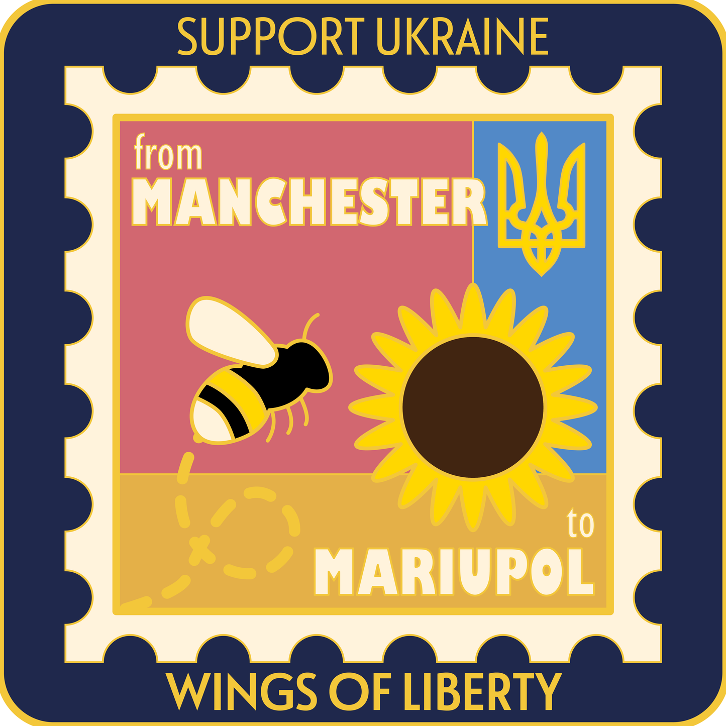 Manchester to Mariupol Stamp Pin